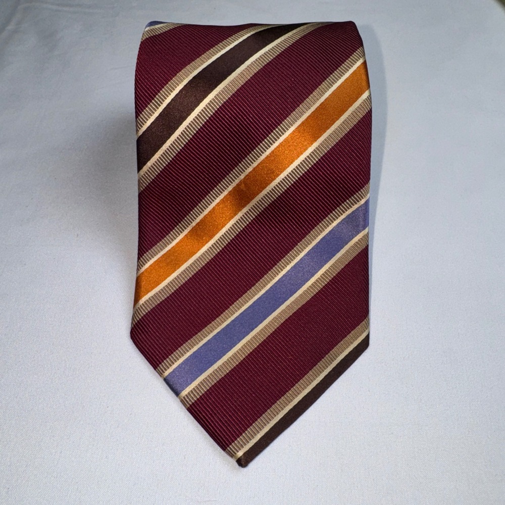 David Donahue Mens Silk Cotton Striped Tie Burgundy Orange Blue Made in USA